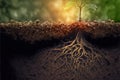 Roots of plant growing underground close up, layers of soil cros