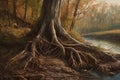 the roots of a tree near fallen leavs created by generative AI