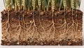Roots of wheat plants show soil layers and growth structure in a cross-section view captured indoors in a science environment Royalty Free Stock Photo