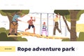 Rope adventure park concept of landing page with big family climbing in skypark together Royalty Free Stock Photo