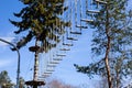 Rope adventure park in a summer forest scenic blue sky scenery. Overcoming obstacles and reaching heights