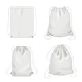 Rope bag. Sport fabric white shoulder drawstring package vector realistic collection