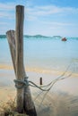 A rope of a boat is tie up with wooden stake Royalty Free Stock Photo