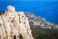 Rope bridge above chasm on Mount Ai-Petri overlooking Black Sea coast, Crimea Royalty Free Stock Photo