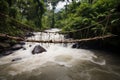 a rope bridge crossing a fierce river in the jungle Royalty Free Stock Photo