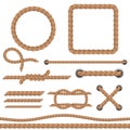 Rope brown set. Marine cord ropes realistic collection, jute or hemp cordage frames and borders, round twine loop and