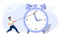 Rope businessman Turning clock arrow back Metaphor of time management in team