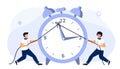 Rope businessman Turning clock arrow back Metaphor of time management