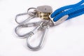 Rope, carabiner and sailing pulley. Accessories used on a deep sea yacht Royalty Free Stock Photo