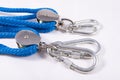 Rope, carabiner and sailing pulley. Accessories used on a deep sea yacht Royalty Free Stock Photo