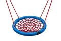 Rope circle blue seat on a white background. Red rope web for swing closeup. An isolated circle