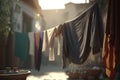 Rope with clean clothes outdoors on laundry day. Generative AI