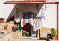 Rope with clean clothes outdoors on laundry day in rural Europe. Clothes drying on laundry line at backyard of a house Royalty Free Stock Photo