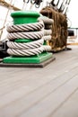 Rope on cleat schooner deck Royalty Free Stock Photo