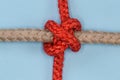 Rope Constrictor knot tied with accessory cord around thick rope