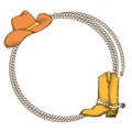 Rope frame with Cowboy hat and cowboy boot. Vector vintage illustration of Cowboy Ranch Concept isolated on white Royalty Free Stock Photo