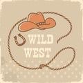 Rope frame with cowboy hat and lasso on vintage rodeo background. Vector wild west illustration on old paper texture. Royalty Free Stock Photo