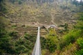 On the rope hanging suspension bridge. Hiking trail on the way at Langtang National Park trekking in Himalaya, Nepal Royalty Free Stock Photo