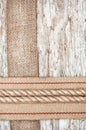 Rope, hardware and sacking ribbon on the old wood Royalty Free Stock Photo