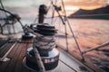 Rope hauling on the winch, on sailboat