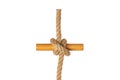 Rope isolated. Closeup of figure clove hitch node or knot from a brown rope isolated on a white background. Navy and angler knot
