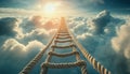 A rope ladder extending through clouds towards a bright sunrise over the horizon