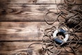 Rope and lifebuoy on old wooden burned table or board for background. Toned Royalty Free Stock Photo