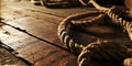 Rope lying discarded on wood floor web background Royalty Free Stock Photo