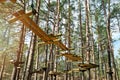 Rope obstacle track high in the trees in adventure park