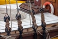 Rope pulleys of an old Norwegian fishing boat Royalty Free Stock Photo