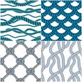 Rope seamless patterns set, trendy vector wallpaper backgrounds collection. Endless navy illustrations with fishing net ornament