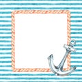 Rope square frame and anchor. Watercolor illustration. Isolated on a white background. Royalty Free Stock Photo