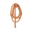 Rope, strong cord coiled with loop. Thick braided hemp twine, sturdy binding accessory, string tied and hanging. Farming