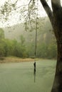 Buffalo River, Arkansas, looking downriver at  rope swing on a foggy day. Royalty Free Stock Photo