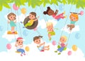 Rope swing. Young acrobats. Boys and girls swinging under tree leaves. Children characters flying on bungee and wheels