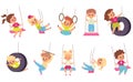 Rope swings kids. Cartoon boys and girls flying on seesaw. Types set of children carousels. Babies play on playground Royalty Free Stock Photo