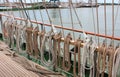 Rope tackle on a old sailboat. Closeup view of a rope tackle on a sailboat Royalty Free Stock Photo