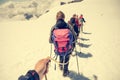 Rope team member point of view with mountaineers walking on snow and ice in sunny weather.