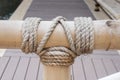 Rope tied knot at bamboo wood in the puddle fish Royalty Free Stock Photo