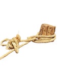 Rope tied knot wood pole isolated on the white background.