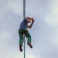 Rope-walker Maxim Kagin walked along a tightrope that was pulled between the supports of the cable-stayed Vinogradovsky bridge