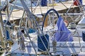 Rope winches, ropes and accessories and chromes in well equipped sailboat in white fiberglass