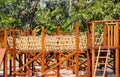 Rope wood children playground  , no children toy outdoor tree  in the park behind background Royalty Free Stock Photo