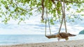 Rope wooden swing hanging on tree at topical beach with sunlight Royalty Free Stock Photo