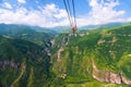 Ropes of the aerial cableway to the sights of the Orthodox monastery Tatev in the mountains