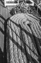 Ropes braided in bays on an ancient sailing vessel Royalty Free Stock Photo