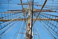 Ropes and the mast to control the sails, details of the device of the yacht, sailing ship equipment against the blue sky Royalty Free Stock Photo