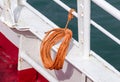 Ropes on Old Rusty Ship Closeup. Old Frayed Boat Rope as a Nautical Background. Naval Ropes on a Pier. Vintage Nautical Royalty Free Stock Photo