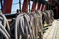 Ropes, pulleys on board at the dutch indie sailed VOC ship The Batavia