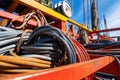 ropes, pulleys and steel hooks of a crane at a construction site Royalty Free Stock Photo